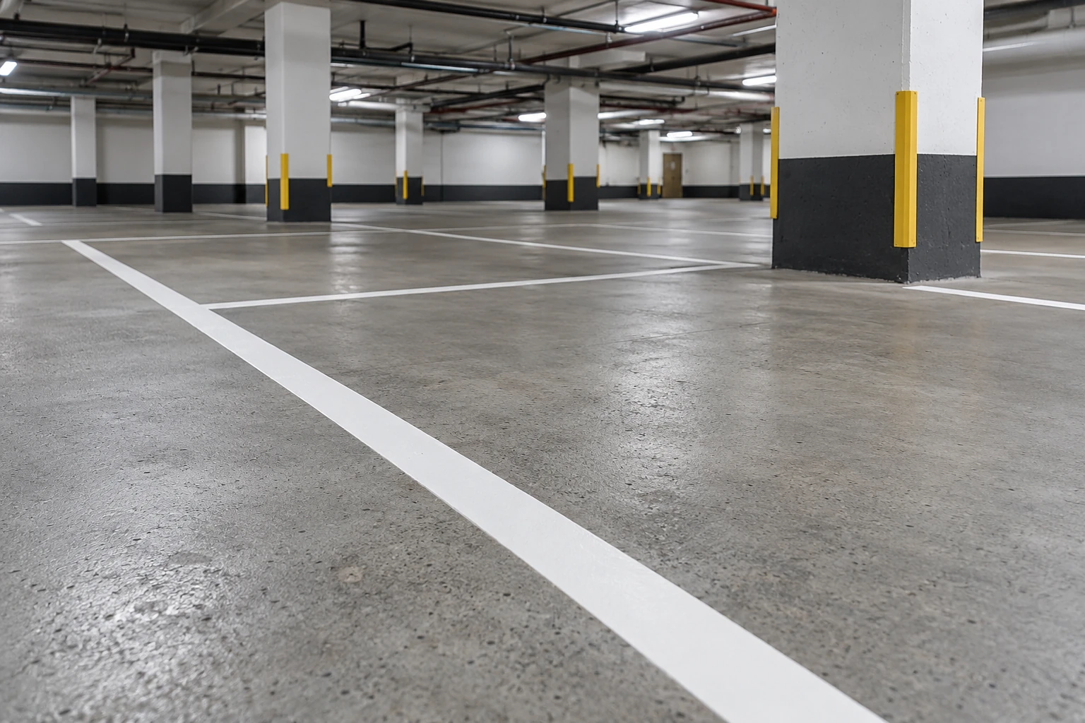 Clean underground parking garage with painted stall lines