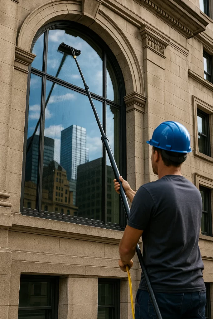 A professional window cleaner uses a water-fed pole system to clean high-rise windows in Toronto, demonstrating eco-friendly and efficient service by TowerCrest.
