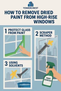 Infographic by TowerCrest showing step-by-step instructions for removing dried paint from high-rise windows safely and effectively.