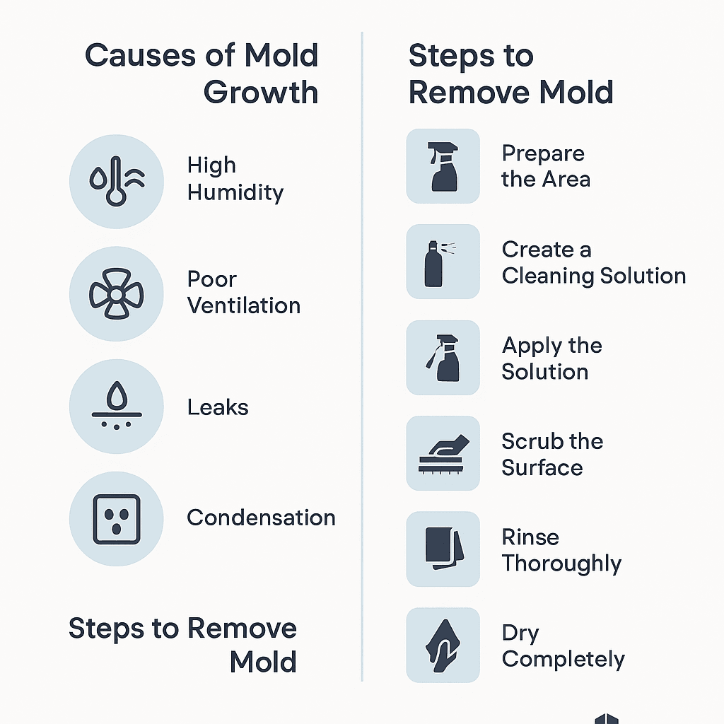 Infographic showing steps to remove mold from windows and prevent its return, created by TowerCrest for property owners in the GTA.
