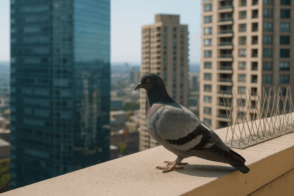 igeon perched on a high-rise building ledge in Toronto, illustrating the need for bird control solutions by TowerCrest.