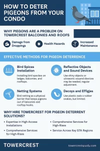 Digital infographic by TowerCrest showing pigeon deterrent methods for high-rise condos and rooftops in the GTA, including bird spikes, netting, and sound-based solutions.