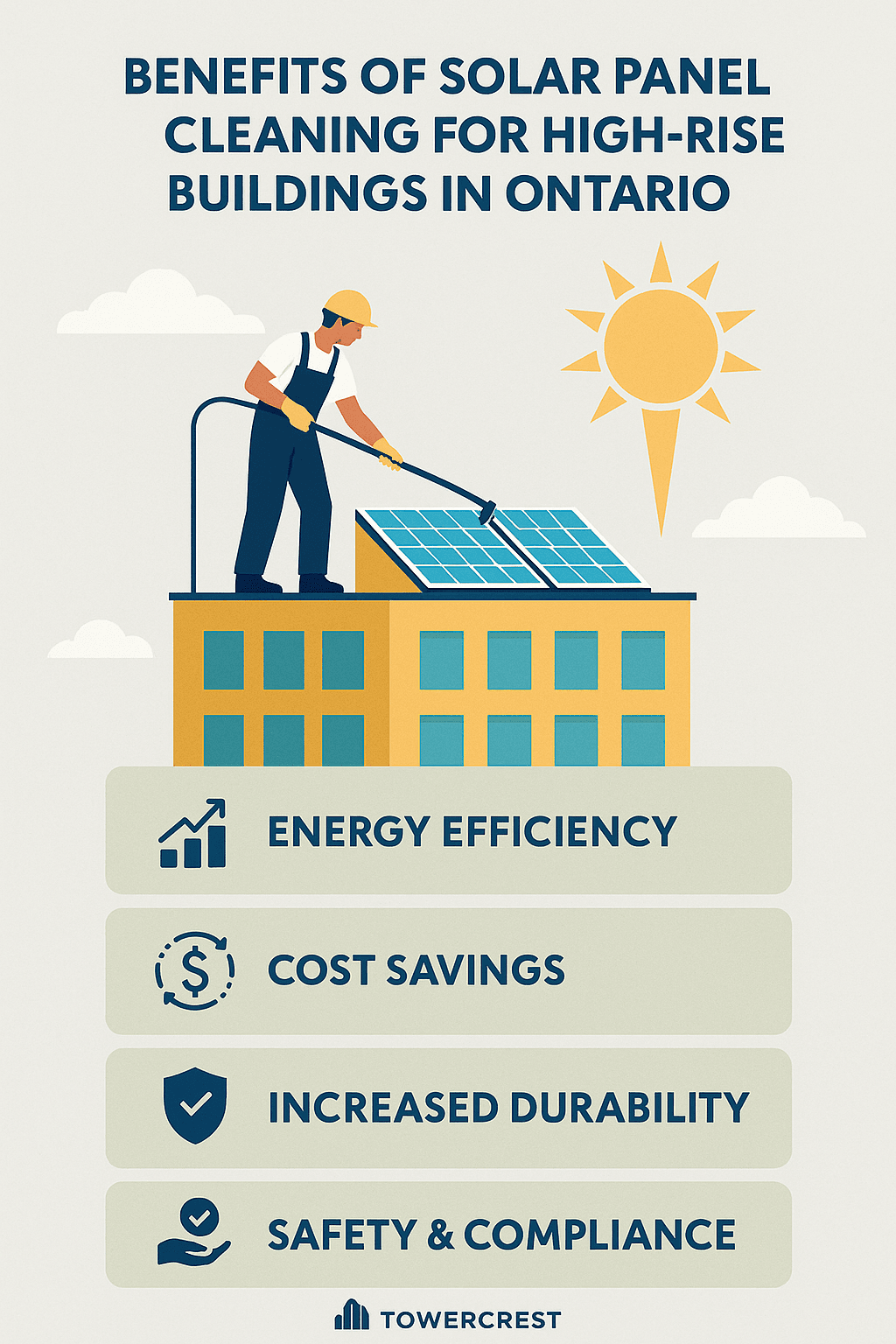 Infographic highlighting the benefits of solar panel cleaning for high-rise buildings in Ontario, including energy efficiency, cost savings, durability, and safety, by TowerCrest.