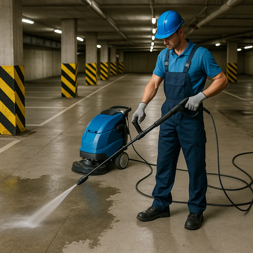 A professional cleaner using a power washer to clean the floor of an underground parking garage in Toronto, representing TowerCrest’s expert maintenance services.