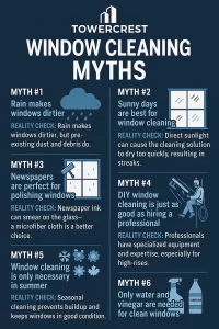 TowerCrest infographic debunking common high-rise window cleaning myths including rain, DIY cleaning, and vinegar usage.