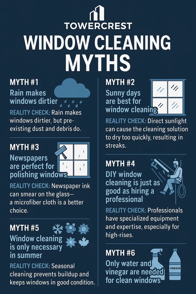 TowerCrest infographic debunking common high-rise window cleaning myths including rain, DIY cleaning, and vinegar usage.