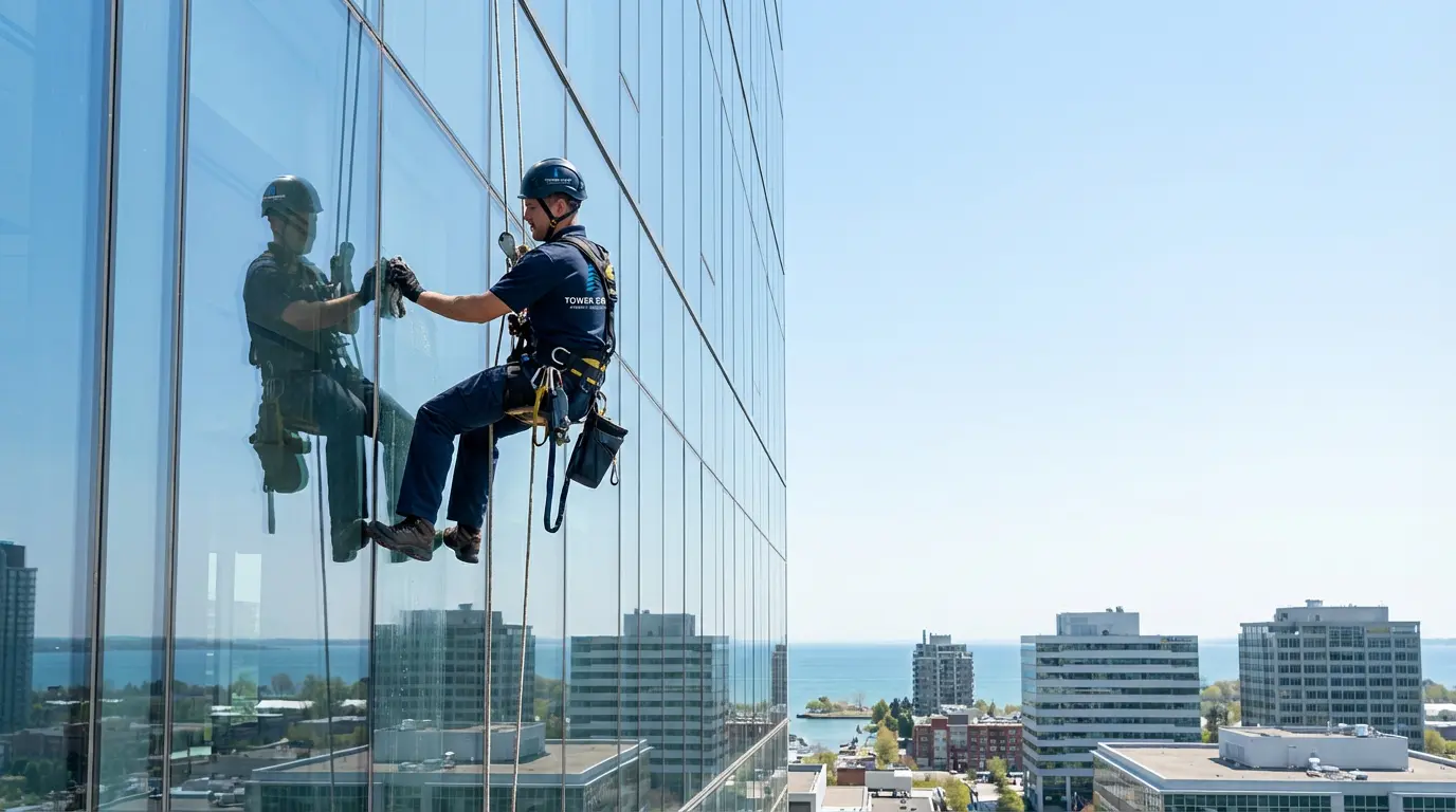 TowerCrest rope access technician cleaning exterior glass