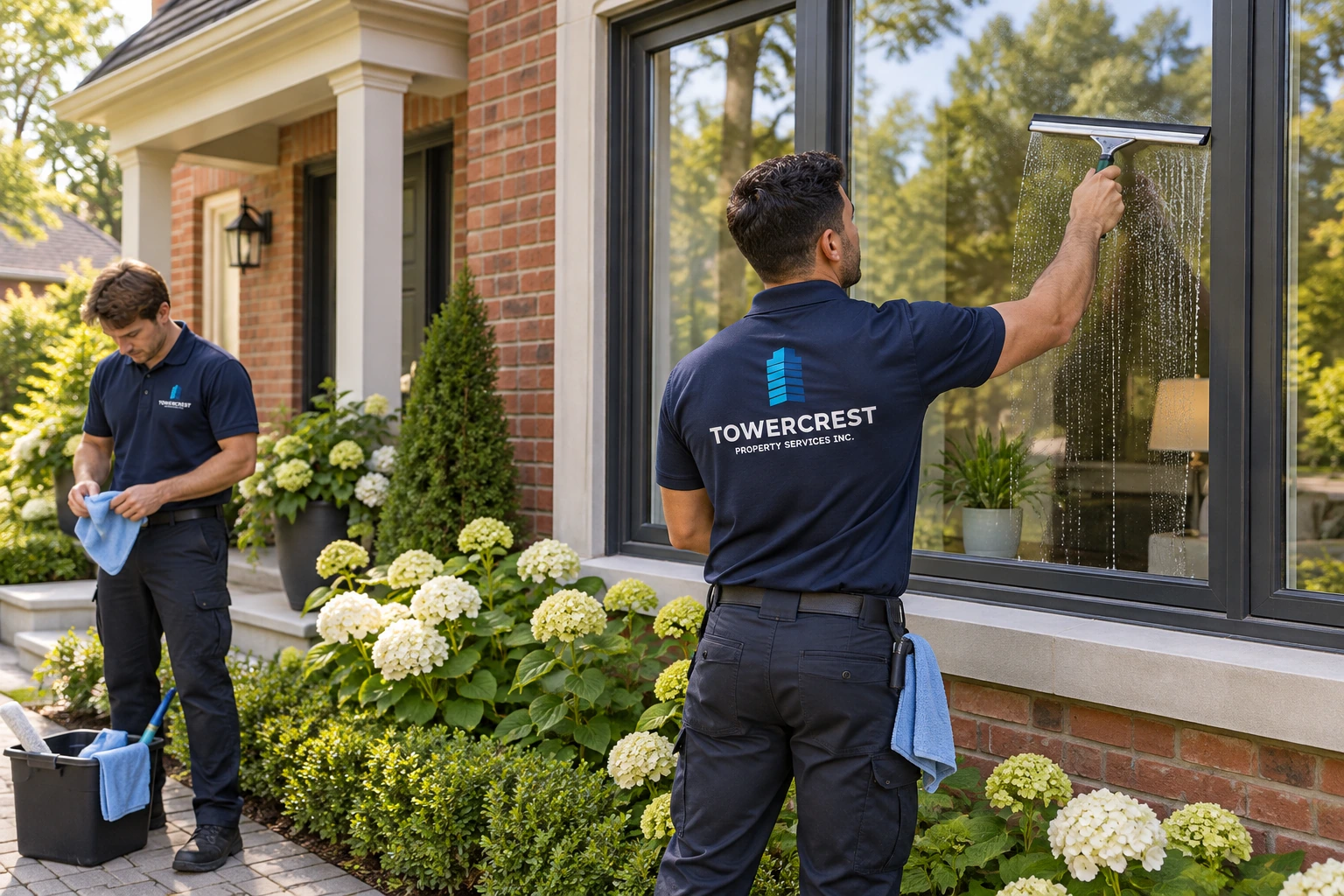 TowerCrest technician cleaning ground-level windows